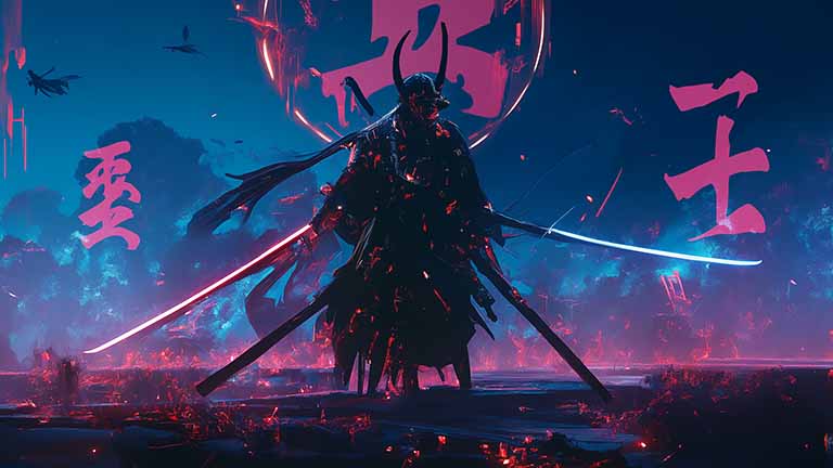 futuristic samurai fight desktop wallpaper cover