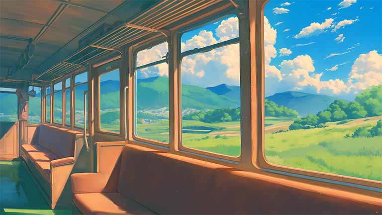 ghibli style train interior countryside wallpaper cover