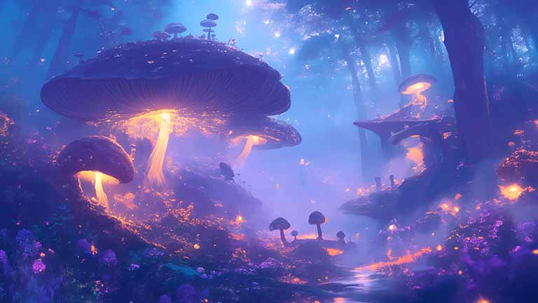 glowing fungi forest enchanted realm desktop wallpaper cover