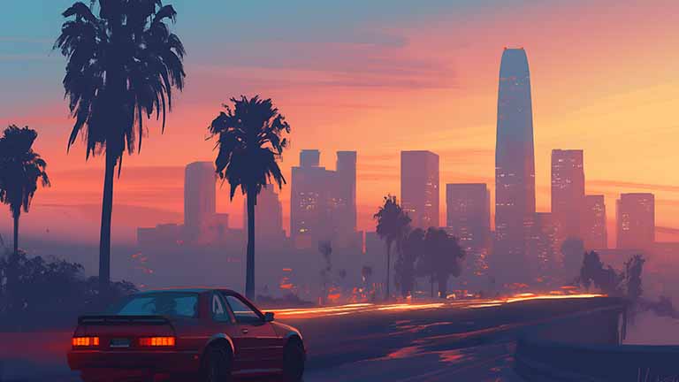 gta city lights palm trees sunset drive desktop wallpaper cover