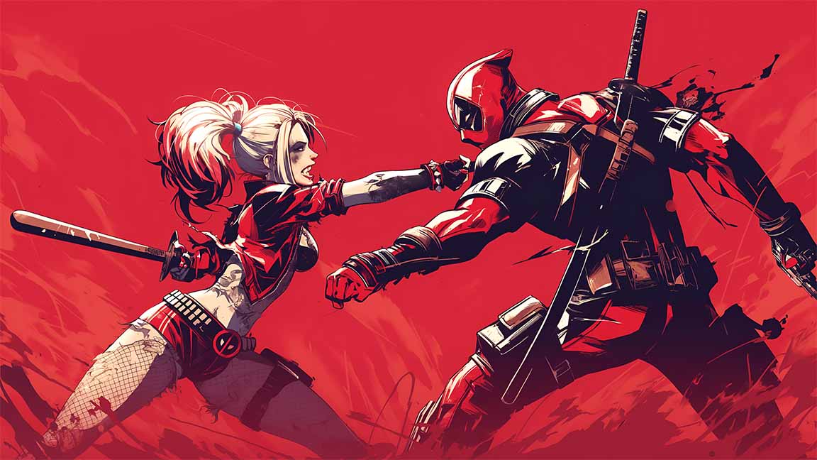 harley quinn vs deadpool chaotic red fight desktop wallpaper cover
