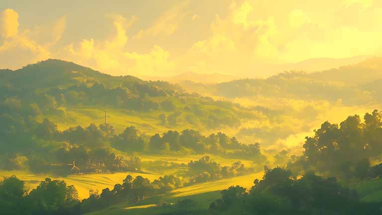 hazy landscape morning light desktop wallpaper cover