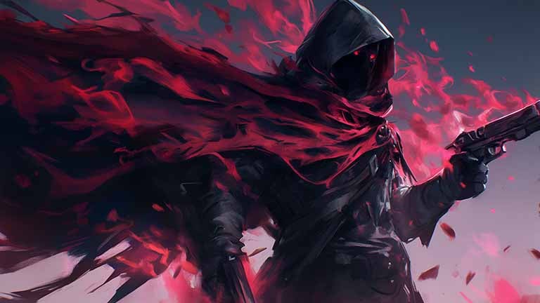 hooded figure glowing red eyes desktop wallpaper cover
