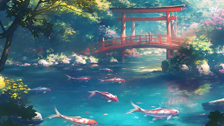 japanese koi pond torii gate desktop wallpaper cover