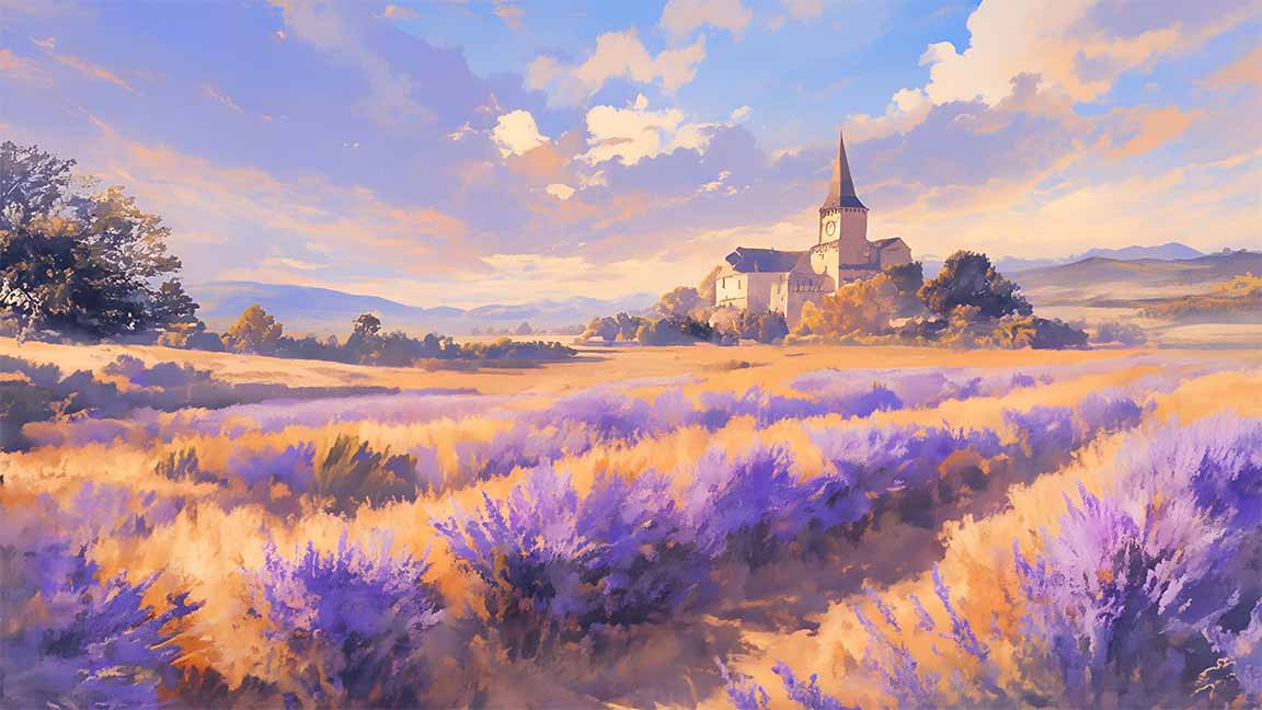 lavender fields countryside church desktop wallpaper cover