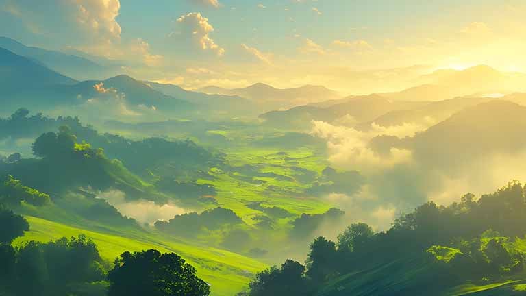 lush green valley misty sunrise desktop wallpaper cover