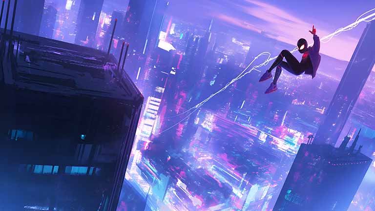 miles morales swinging cityscape desktop wallpaper cover