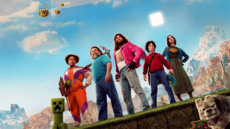 minecraft movie cast standing in overworld desktop wallpaper cover