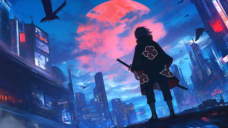 naruto itachi red moon city desktop wallpaper cover