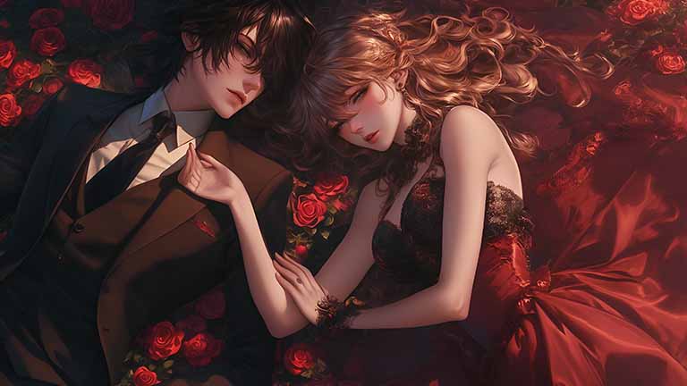 omantic anime couple rose embrace desktop wallpaper cover
