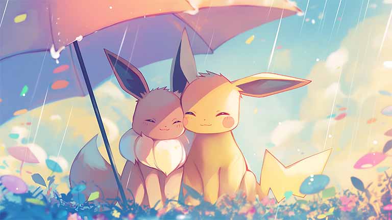 pikachu eevee sitting under umbrella rainy pc wallpaper cover