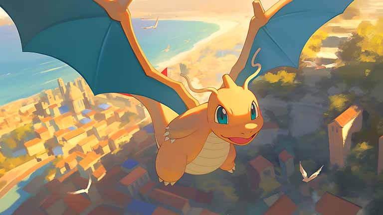 pokemon dragonite flying city desktop wallpaper cover