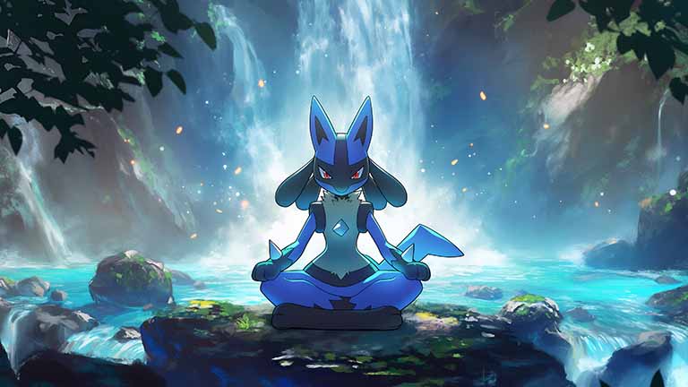 pokemon lucario meditation waterfall desktop wallpaper cover