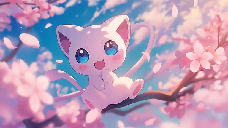 pokemon mew pink petal flight desktop wallpaper cover