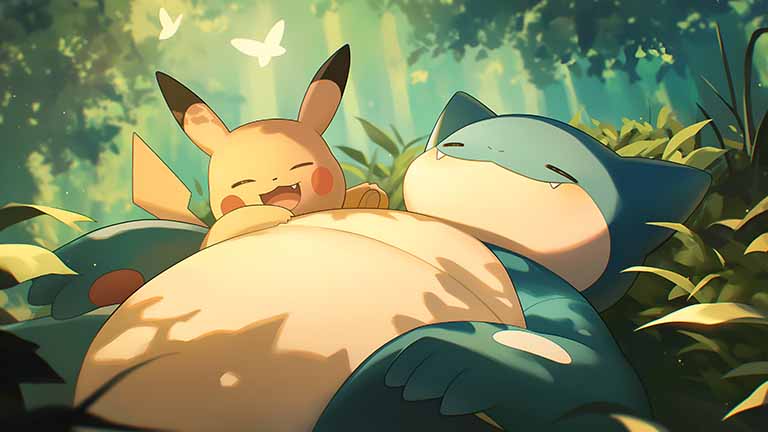 pokemon pikachu snorlax cuddle desktop wallpaper cover