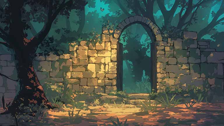 ruined archway forest desktop wallpaper cover