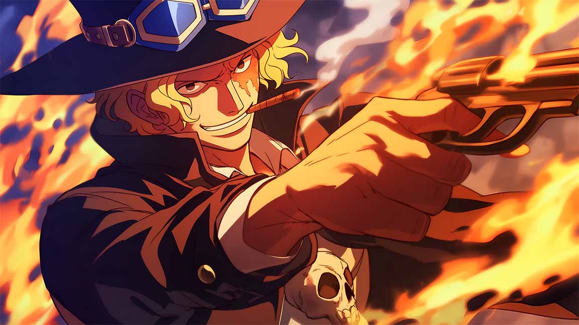 sabo one piece flames gun blazing smirk desktop wallpaper cover