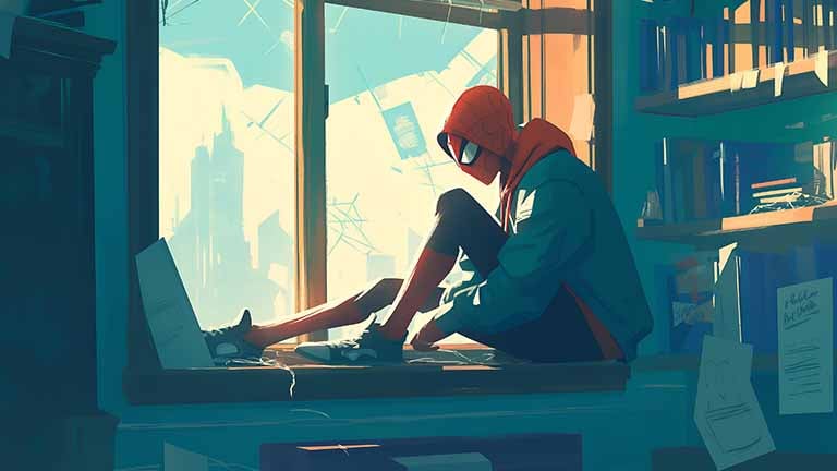spiderman sitting window aesthetic desktop wallpaper cover