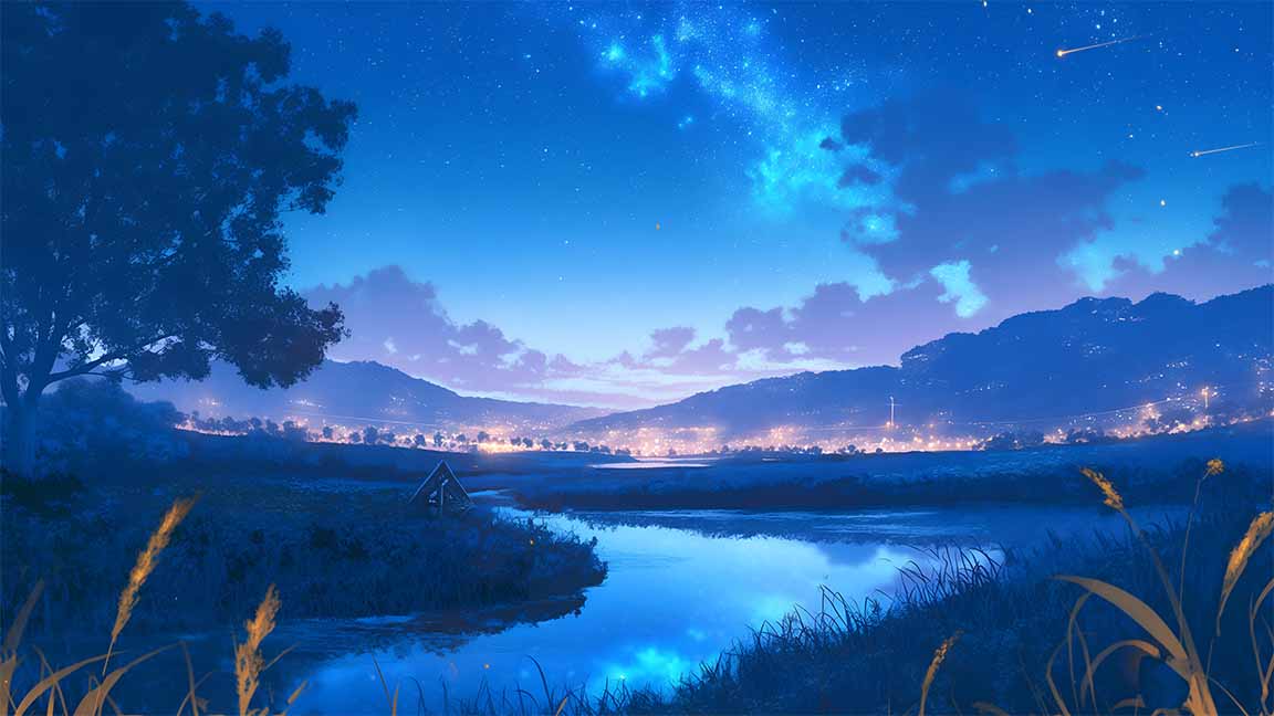 starry night river countryside view desktop wallpaper cover