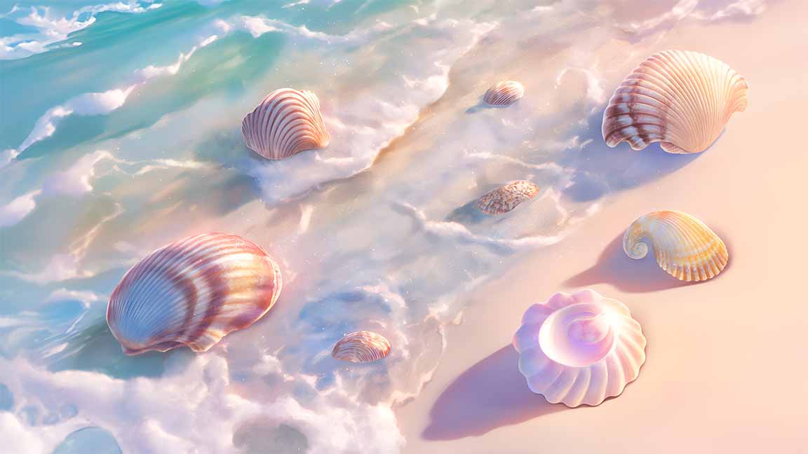 sunlit seashells pastel wave aesthetic desktop wallpaper cover