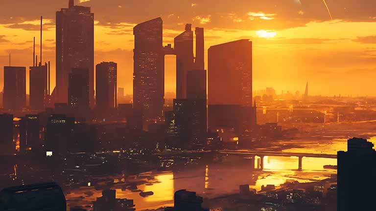 sunset cityscape golden light desktop wallpaper cover