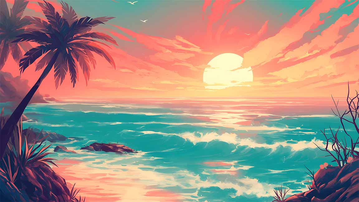 sunset palm beach pastel ocean vibes desktop wallpaper cover
