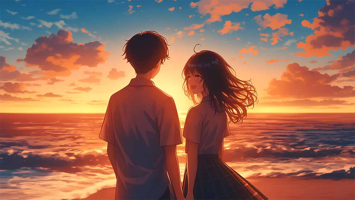 sunset stroll duo beach romance desktop wallpaper cover