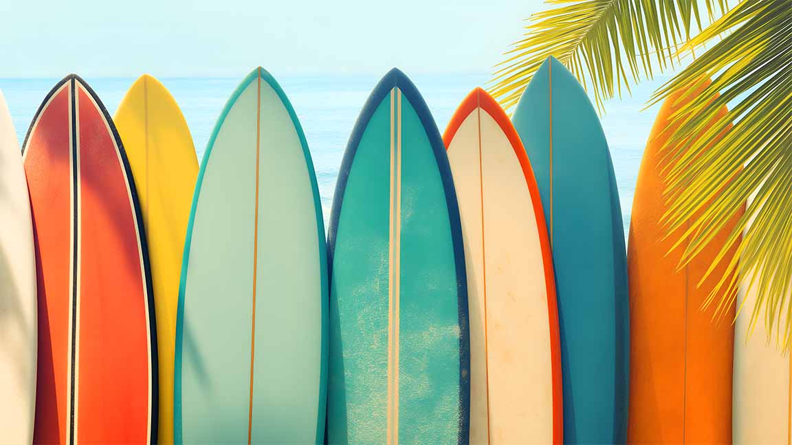 surfboards lined up beach paradise tropical desktop wallpaper cover