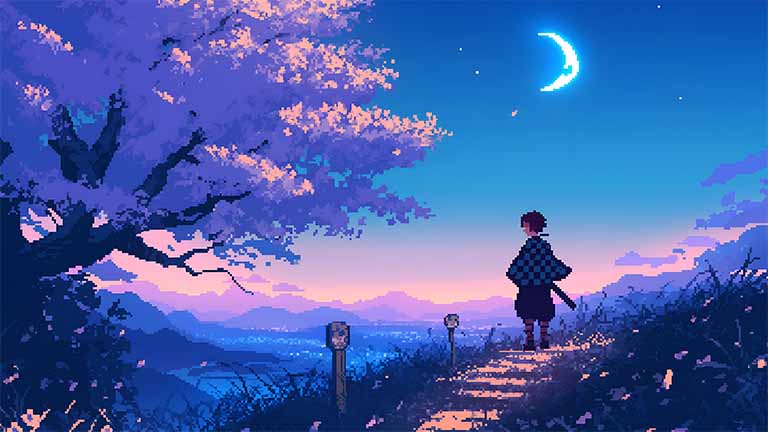 tanjiro pixel moon path anime wallpaper cover