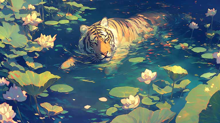 tiger in water lily pond peaceful desktop wallpaper cover