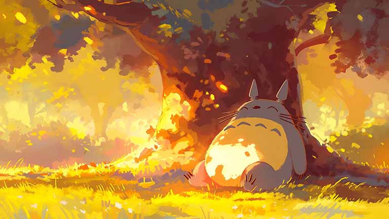 totoro under sunlit tree desktop wallpaper cover