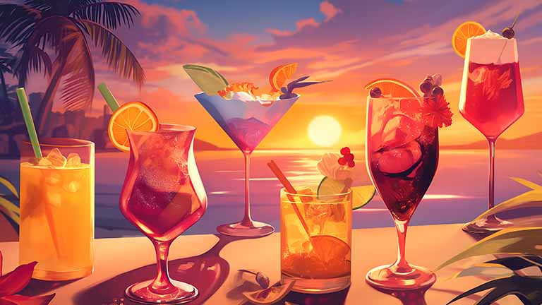 tropical cocktails sunset beach desktop wallpaper cover