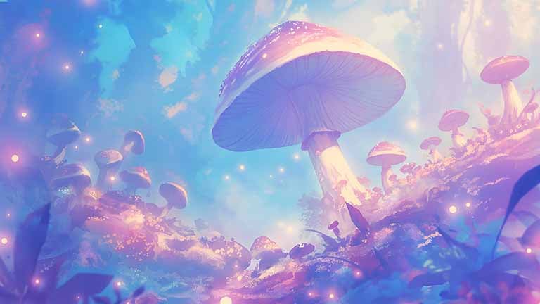 whimsical mushroom landscape sparkling lights desktop wallpaper cover