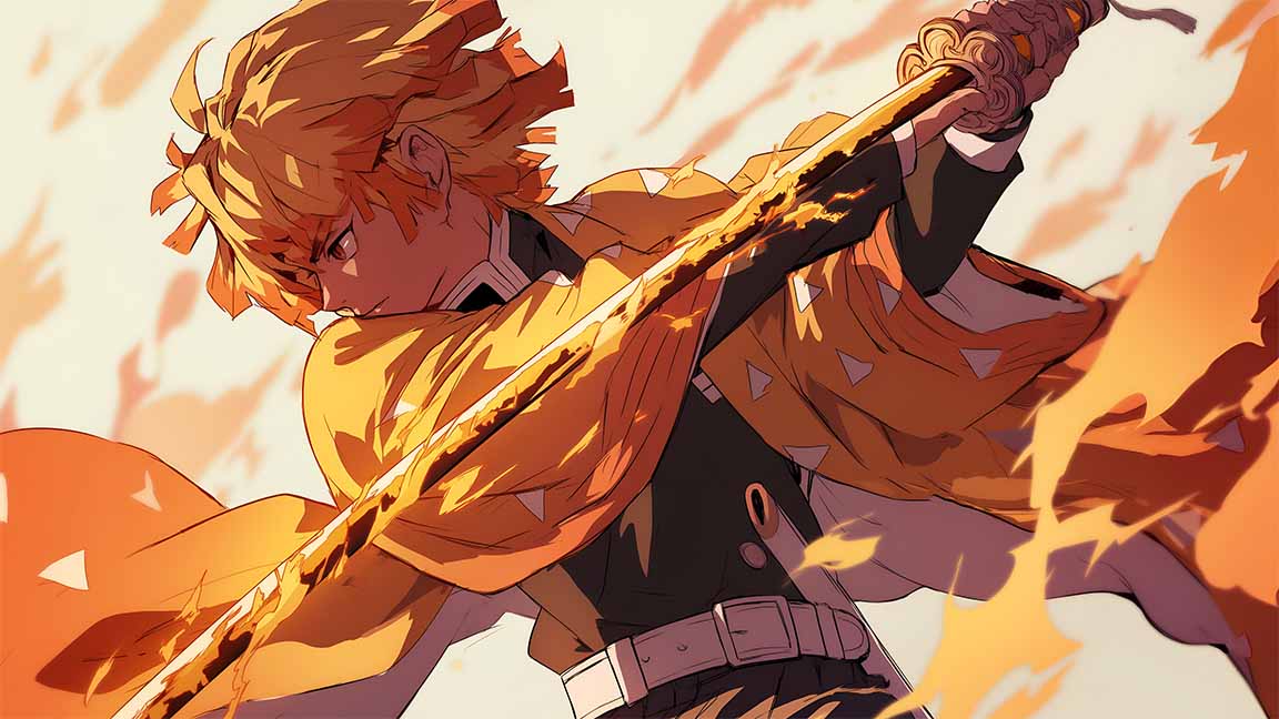 zenitsu fire sword slash demon slayer desktop wallpaper cover
