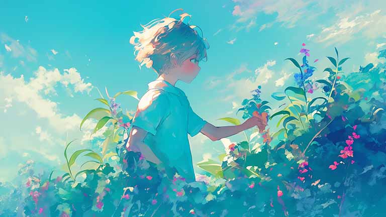 anime boy picking flowers field desktop wallpaper cover