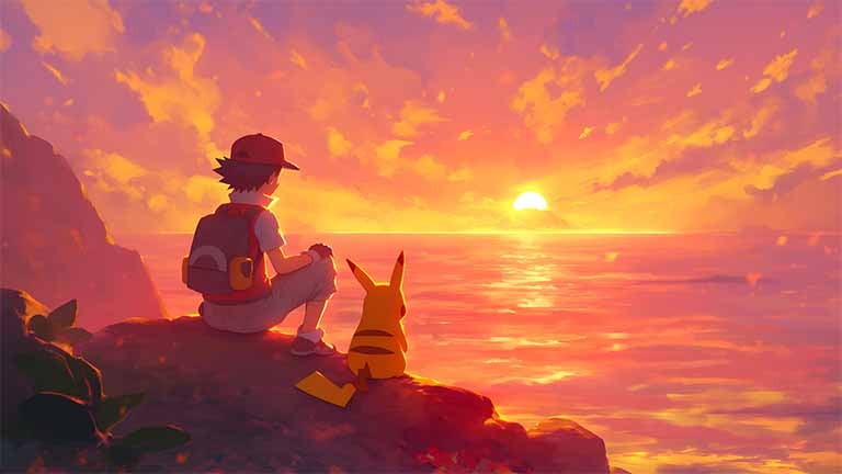 ash and pikachu sunset anime vibes pc wallpaper cover