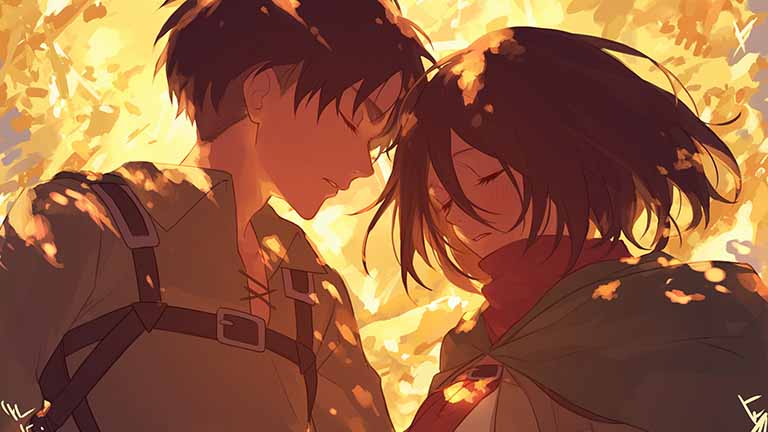 attack on titan eren mikasa close desktop wallpaper cover