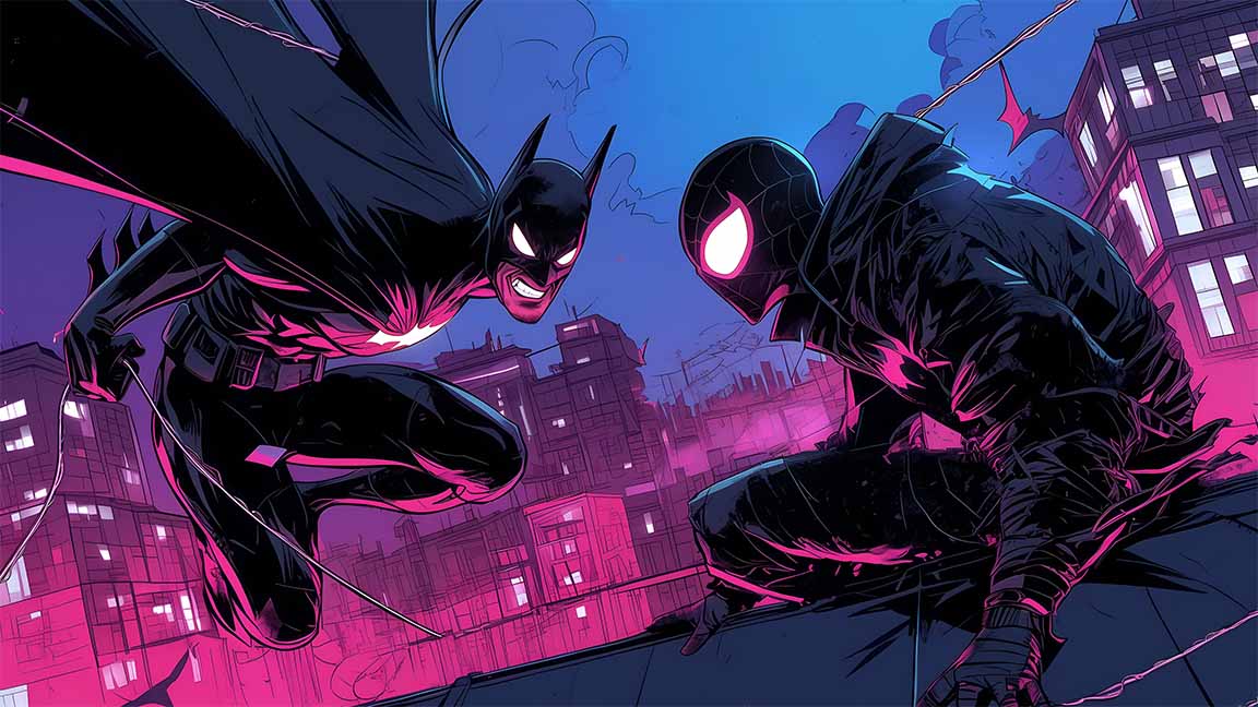 batman vs spider man neon night duel desktop wallpaper cover