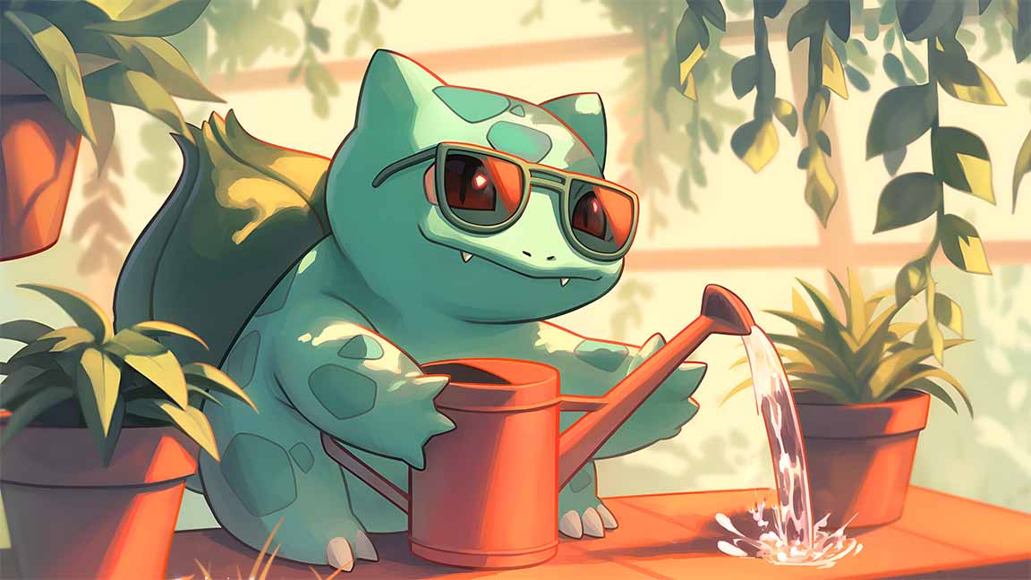 bulbasaur watering plants funny desktop wallpaper cover