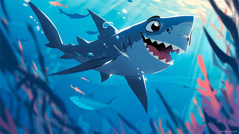 cartoon shark underwater scene desktop wallpaper cover