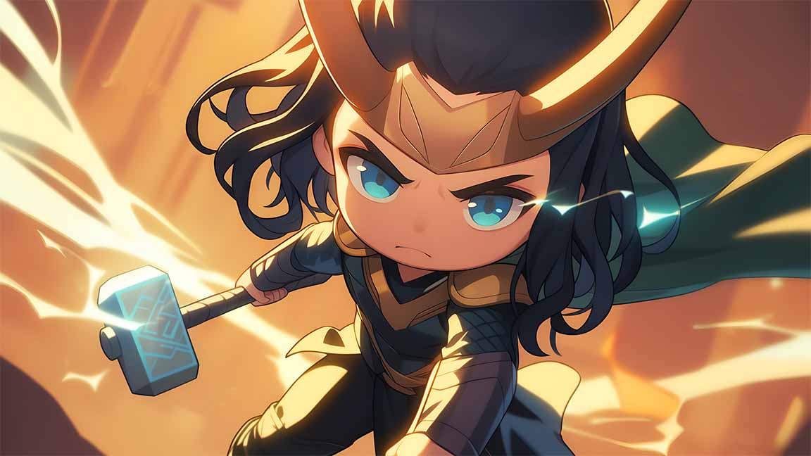chibi loki holding thors hammer desktop wallpaper cover
