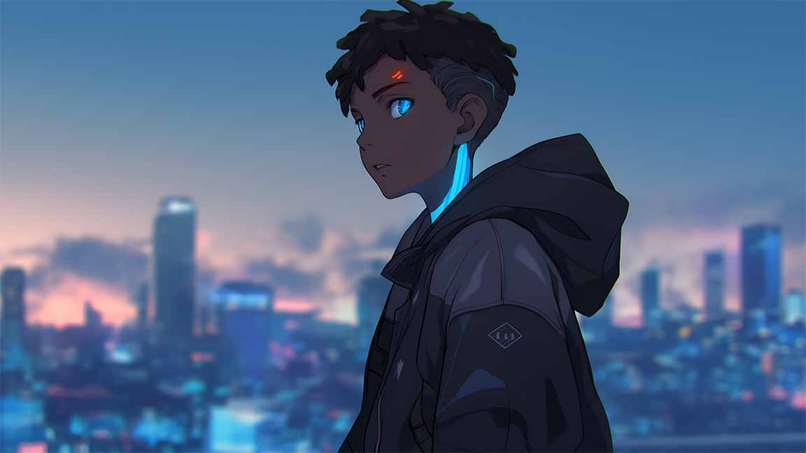 cyberpunk anime boy city view desktop wallpaper cover