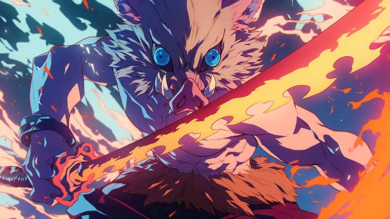 demon slayer inosuke fiery blade desktop wallpaper cover