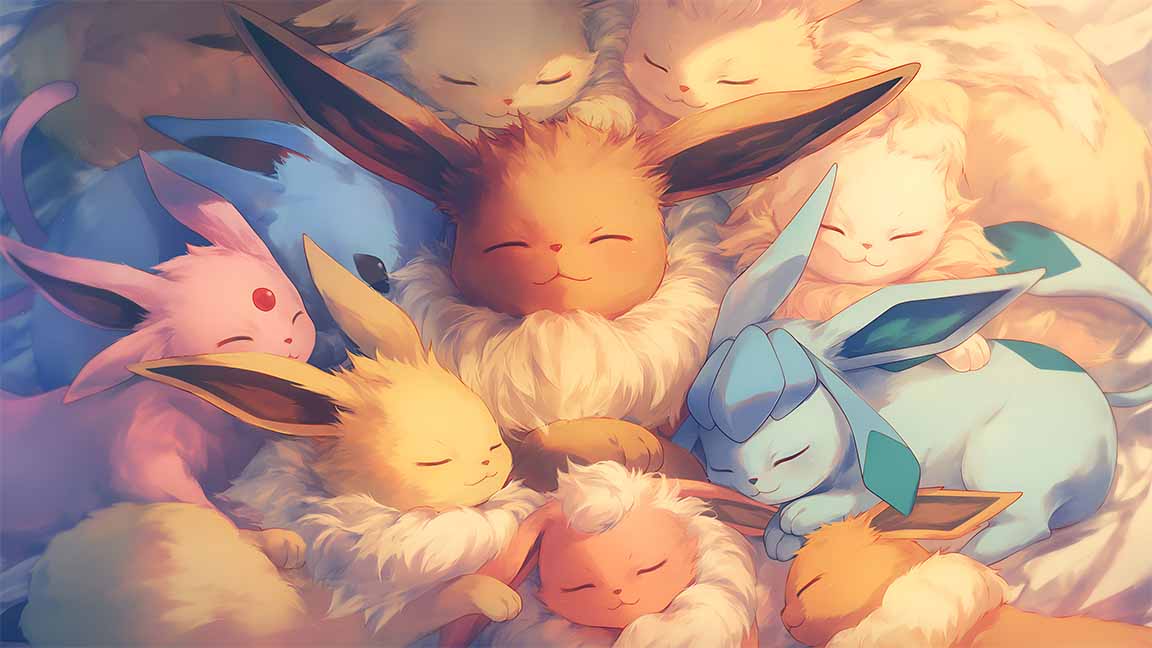 eevee evolutions cuddle pile cute desktop wallpaper cover