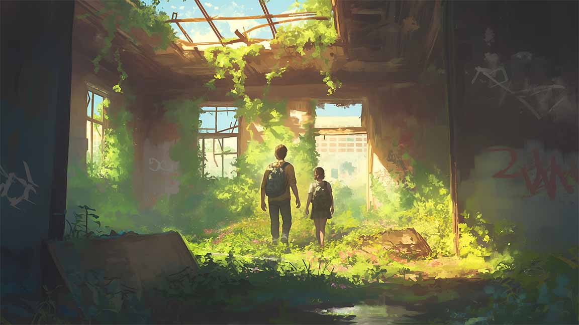 ellie and joel urban ruins desktop wallpaper cover