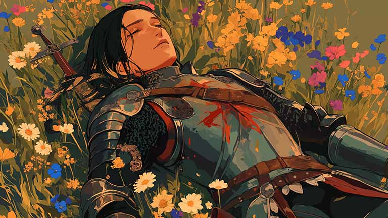 fallen knight flower field desktop wallpaper cover