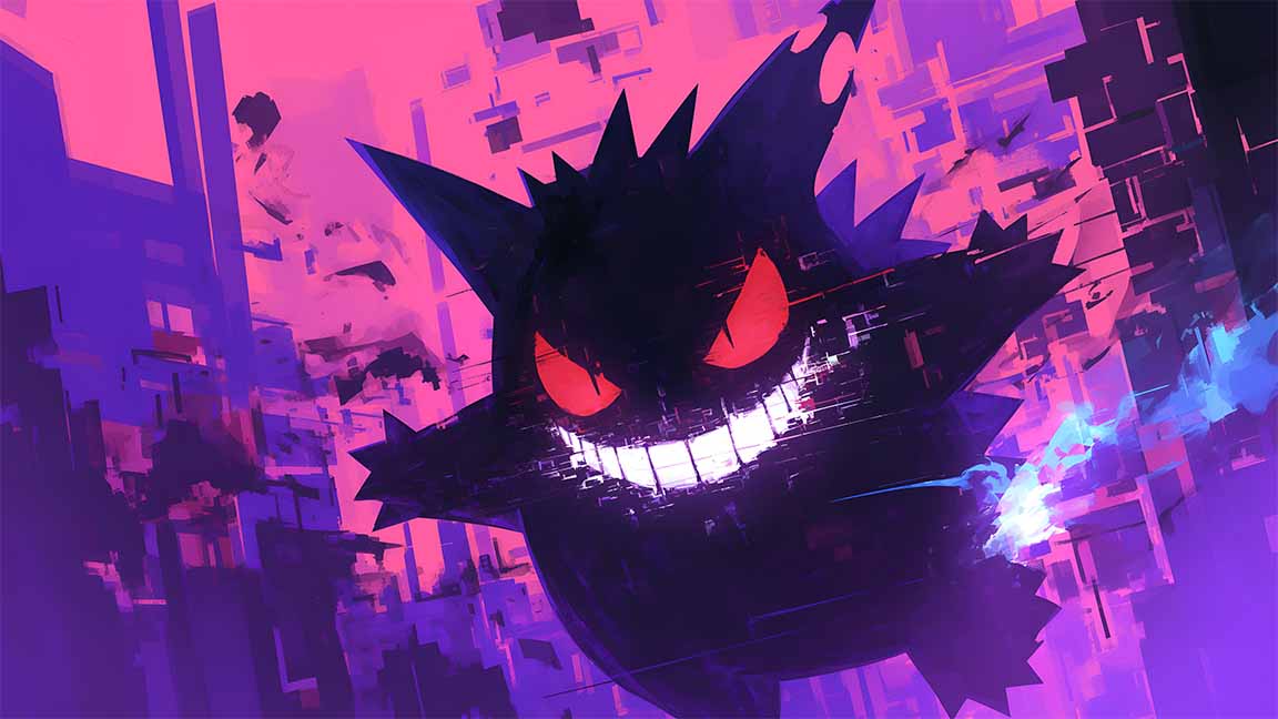 gengar pixel glitch purple shadow pokemon desktop wallpaper cover