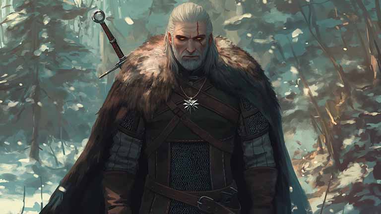 geralt of rivia snowy landscape desktop wallpaper cover