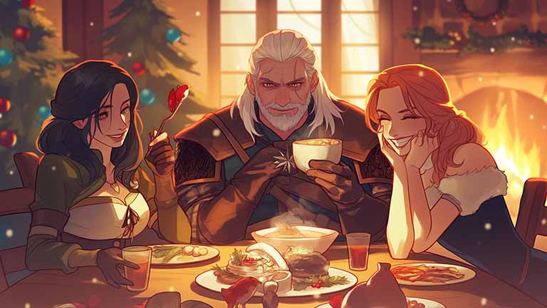 geralt yennefer triss holiday meal desktop wallpaper cover