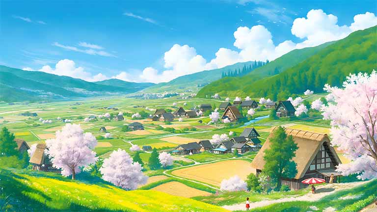 ghibli spring village landscape pc desktop laptop wallpaper cover
